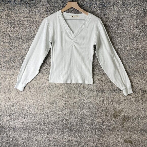 AMO Shirt Womens Small White Ribbed V-Neck Long Sleeve Organic Cotton Thermal - Picture 1 of 6